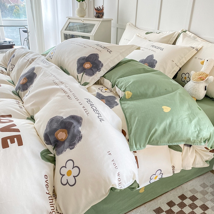 小叮当家纺仓储工厂店 （爆款花型 长期款 不断货）2025年新款简约条纹卡通花卉全棉纯棉三件套四件套 绿蔓