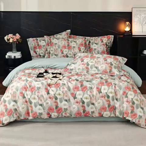 91家纺网 家纺一手货源 找家纺 （总1）曼秀琳2025秋冬新款全棉超柔数码印花磨毛四件套（32*21支） 朵唯-绿