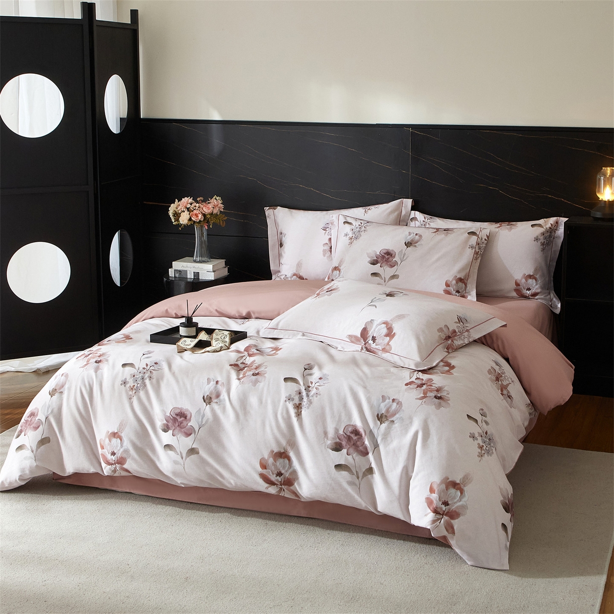 91家纺网 家纺一手货源 找家纺 （总1）曼秀琳2025秋冬新款全棉超柔数码印花磨毛四件套（32*21支） 花棠-粉