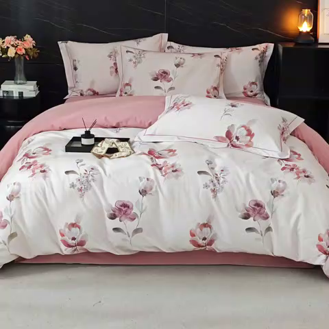 91家纺网 家纺一手货源 找家纺 （总1）曼秀琳2025秋冬新款全棉超柔数码印花磨毛四件套（32*21支） 花棠-粉