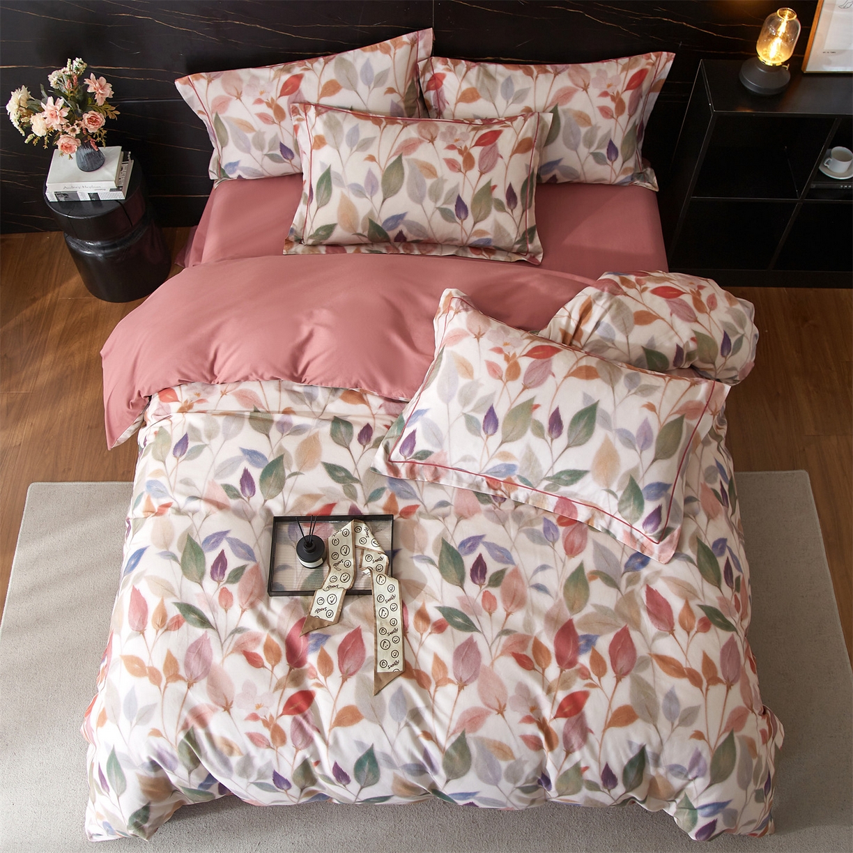 91家纺网 家纺一手货源 找家纺 （总1）曼秀琳2025秋冬新款全棉超柔数码印花磨毛四件套（32*21支） 景秋-红