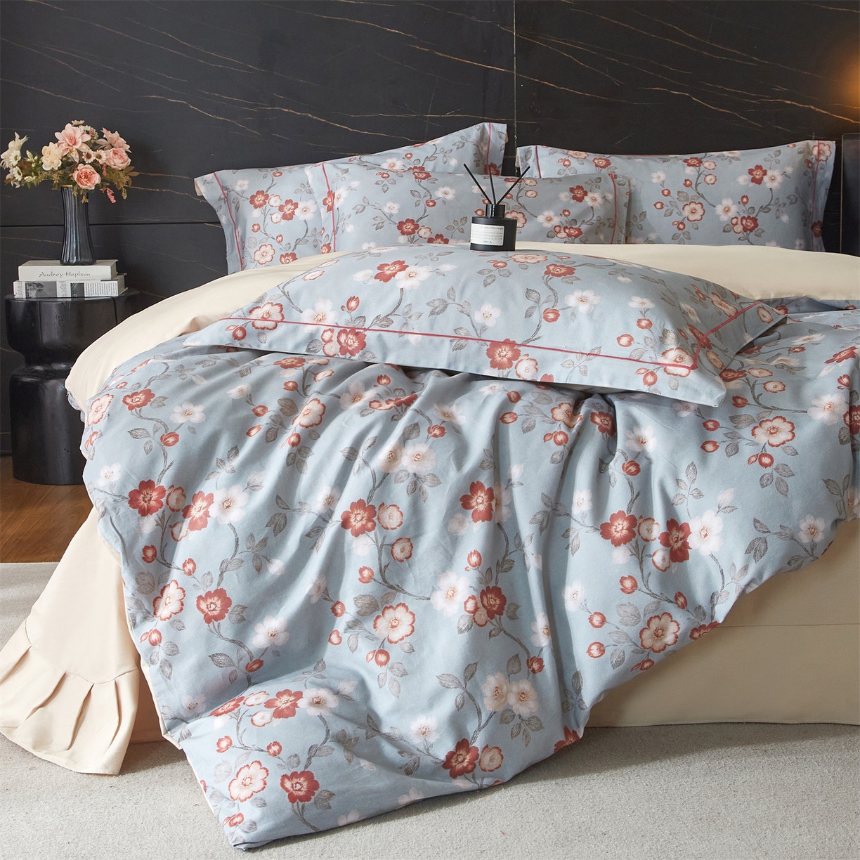 91家纺网 家纺一手货源 找家纺 （总1）曼秀琳2025秋冬新款全棉超柔数码印花磨毛四件套（32*21支）兰茵-蓝