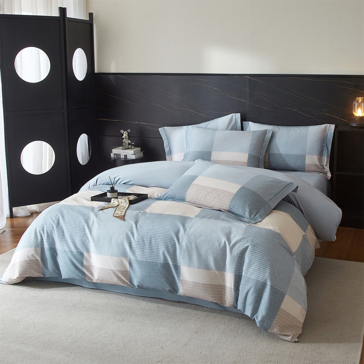 91家纺网 家纺一手货源 找家纺 曼秀琳 2025秋冬新款32支超柔生态磨毛四件套 沐弦-蓝