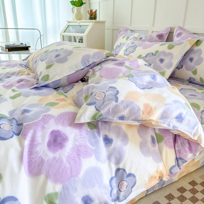 91家纺网 家纺一手货源 找家纺 小叮当家纺仓储工厂店 （爆款花型 长期款 不断货）2025年新款简约条纹卡通花卉全棉纯棉三件套四件套 紫韵花开AA