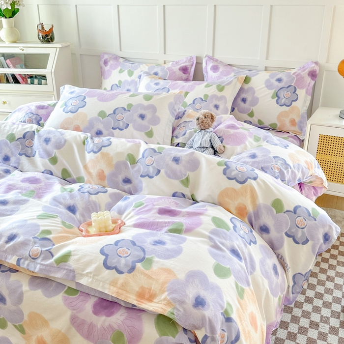 91家纺网 家纺一手货源 找家纺 小叮当家纺仓储工厂店 （爆款花型 长期款 不断货）2025年新款简约条纹卡通花卉全棉纯棉三件套四件套 紫韵花开AA