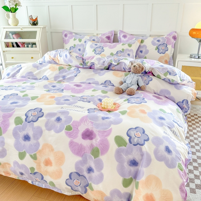 91家纺网 家纺一手货源 找家纺 小叮当家纺仓储工厂店 （爆款花型 长期款 不断货）2025年新款简约条纹卡通花卉全棉纯棉三件套四件套 紫韵花开AA