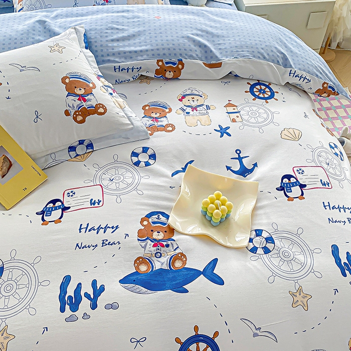 91家纺网 家纺一手货源 找家纺 禧安居 2025新款高支高密活性印染全棉印花四件套全棉四件套三件套被套（支持定制尺寸） 航海小熊