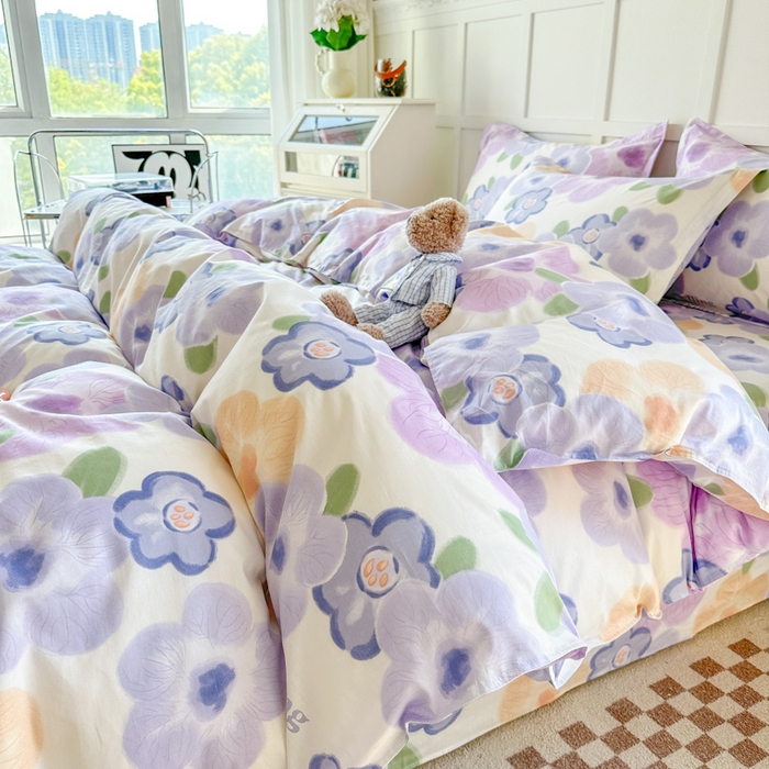 91家纺网 家纺一手货源 找家纺 小叮当家纺仓储工厂店 （爆款花型 长期款 不断货）2025年新款简约条纹卡通花卉全棉纯棉三件套四件套 紫韵花开AA