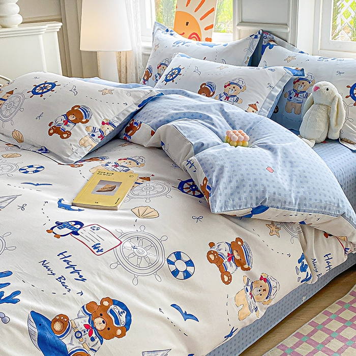 91家纺网 家纺一手货源 找家纺 禧安居 2025新款高支高密活性印染全棉印花四件套全棉四件套三件套被套（支持定制尺寸） 航海小熊