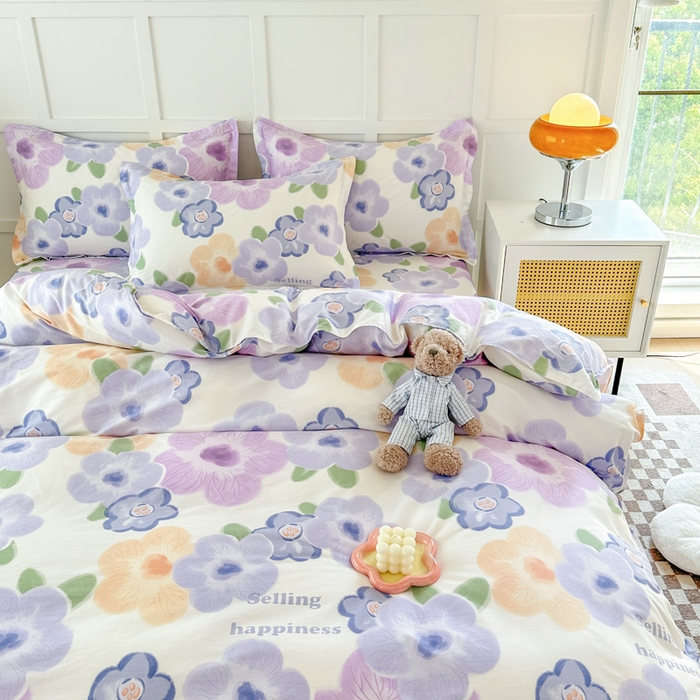 91家纺网 家纺一手货源 找家纺 小叮当家纺仓储工厂店 （爆款花型 长期款 不断货）2025年新款简约条纹卡通花卉全棉纯棉三件套四件套 紫韵花开AA