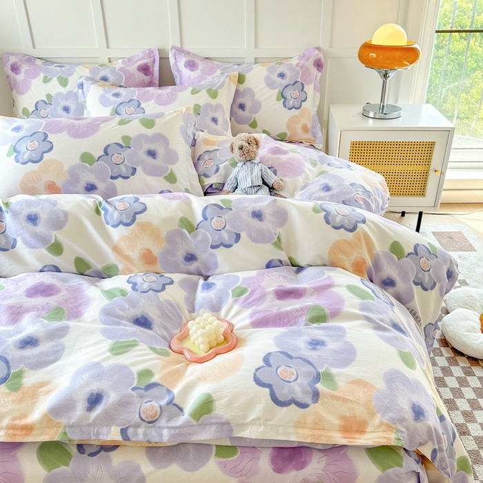 91家纺网 家纺一手货源 找家纺 小叮当家纺仓储工厂店 （爆款花型 长期款 不断货）2025年新款简约条纹卡通花卉全棉纯棉三件套四件套 紫韵花开AA