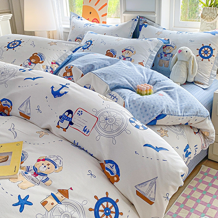 91家纺网 家纺一手货源 找家纺 禧安居 2025新款高支高密活性印染全棉印花四件套全棉四件套三件套被套（支持定制尺寸） 航海小熊