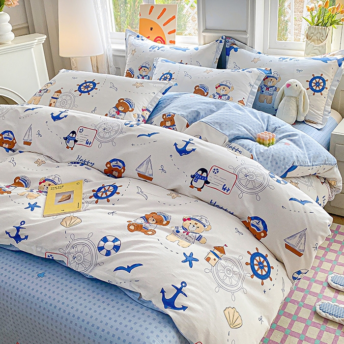 91家纺网 家纺一手货源 找家纺 禧安居 2025新款高支高密活性印染全棉印花四件套全棉四件套三件套被套（支持定制尺寸） 航海小熊