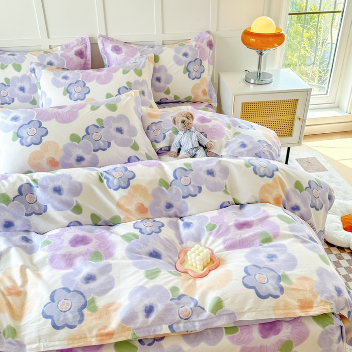 91家纺网 家纺一手货源 找家纺 小叮当家纺仓储工厂店 （爆款花型 长期款 不断货）2025年新款简约条纹卡通花卉全棉纯棉三件套四件套 紫韵花开AA