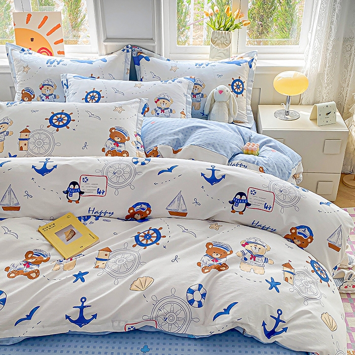 91家纺网 家纺一手货源 找家纺 禧安居 2025新款高支高密活性印染全棉印花四件套全棉四件套三件套被套（支持定制尺寸） 航海小熊