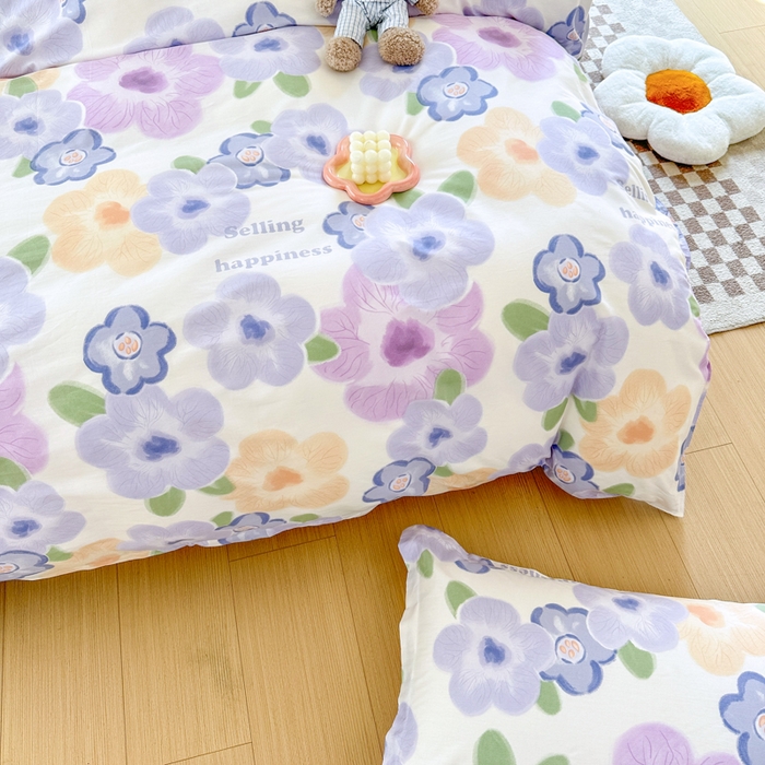 91家纺网 家纺一手货源 找家纺 小叮当家纺仓储工厂店 （爆款花型 长期款 不断货）2025年新款简约条纹卡通花卉全棉纯棉三件套四件套 紫韵花开AA