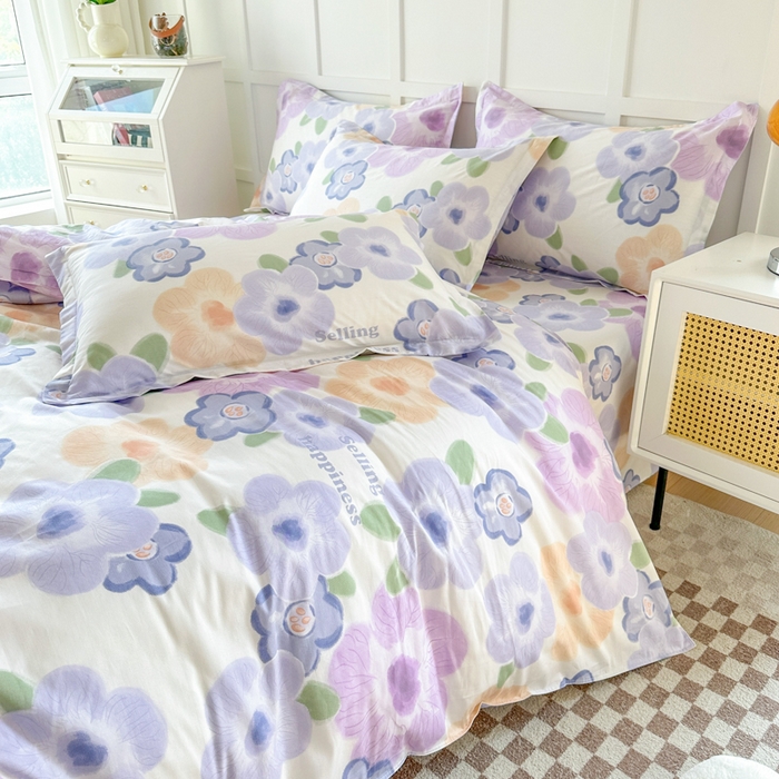 91家纺网 家纺一手货源 找家纺 小叮当家纺仓储工厂店 （爆款花型 长期款 不断货）2025年新款简约条纹卡通花卉全棉纯棉三件套四件套 紫韵花开AA