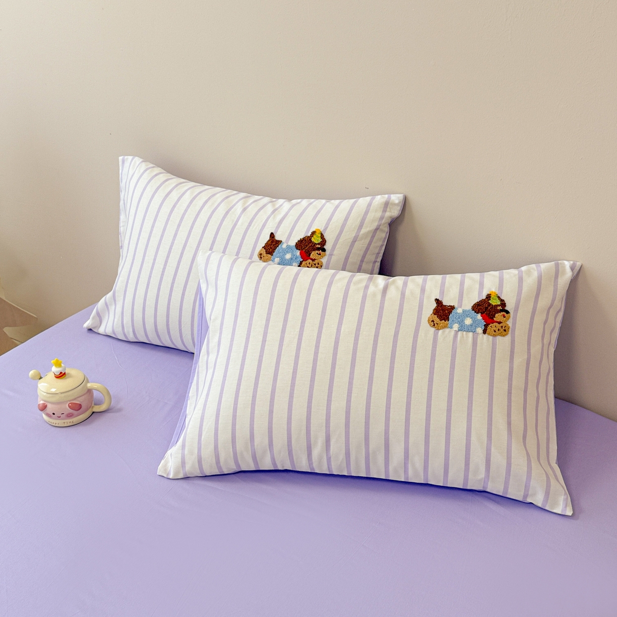 呗旺鹿 2025新款全棉纯棉条纹毛巾绣卡通单枕套 枕套单件 紫条纹-狗狗派对
