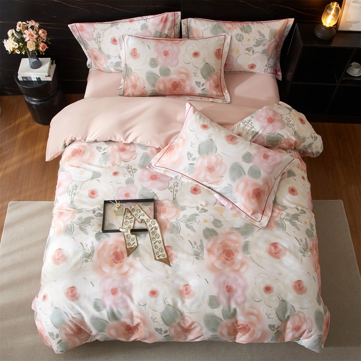 91家纺网 家纺一手货源 找家纺 曼秀琳 2025秋冬新款32支超柔生态磨毛四件套 桃汐-桔