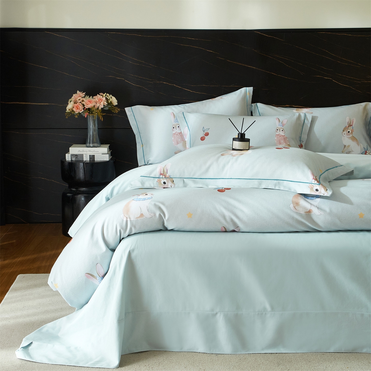 91家纺网 家纺一手货源 找家纺 曼秀琳 2025秋冬新款32支超柔生态磨毛四件套 小萌兔-绿