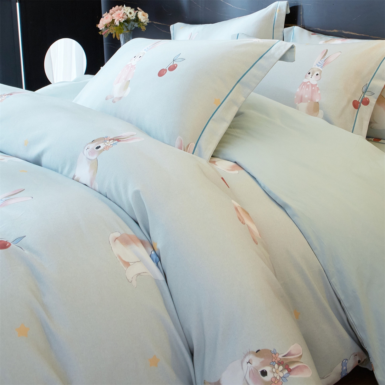 91家纺网 家纺一手货源 找家纺 曼秀琳 2025秋冬新款32支超柔生态磨毛四件套 小萌兔-绿