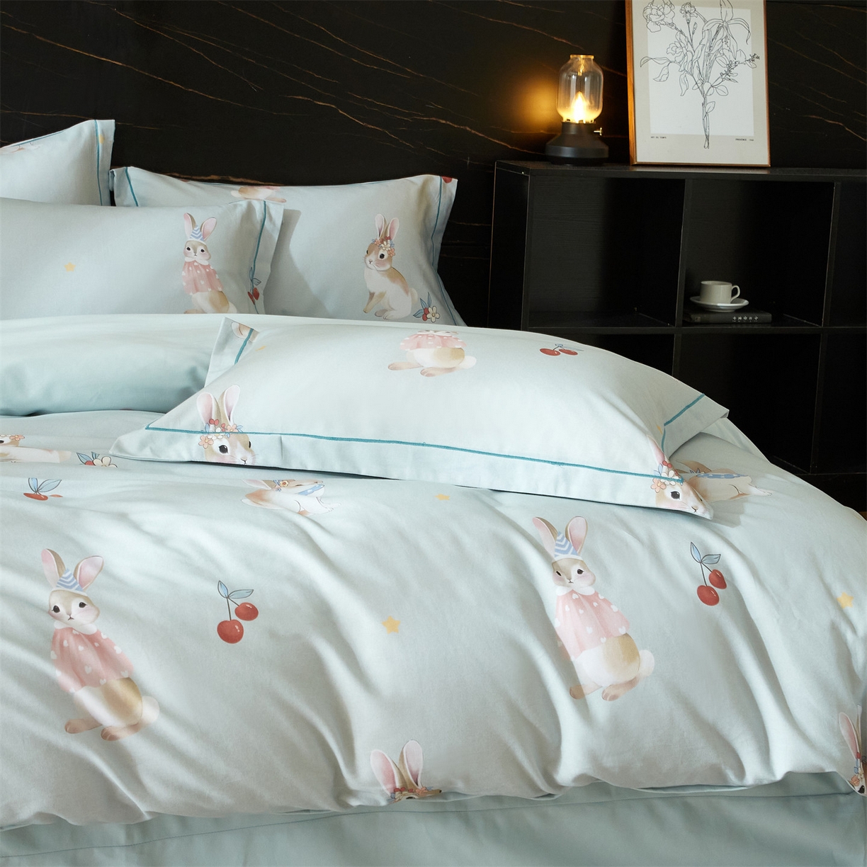 91家纺网 家纺一手货源 找家纺 曼秀琳 2025秋冬新款32支超柔生态磨毛四件套 小萌兔-绿