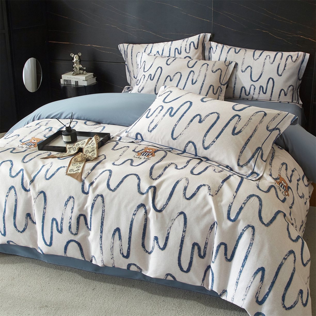 曼秀琳 2025秋冬新款32支超柔生态磨毛四件套 幸运熊-蓝