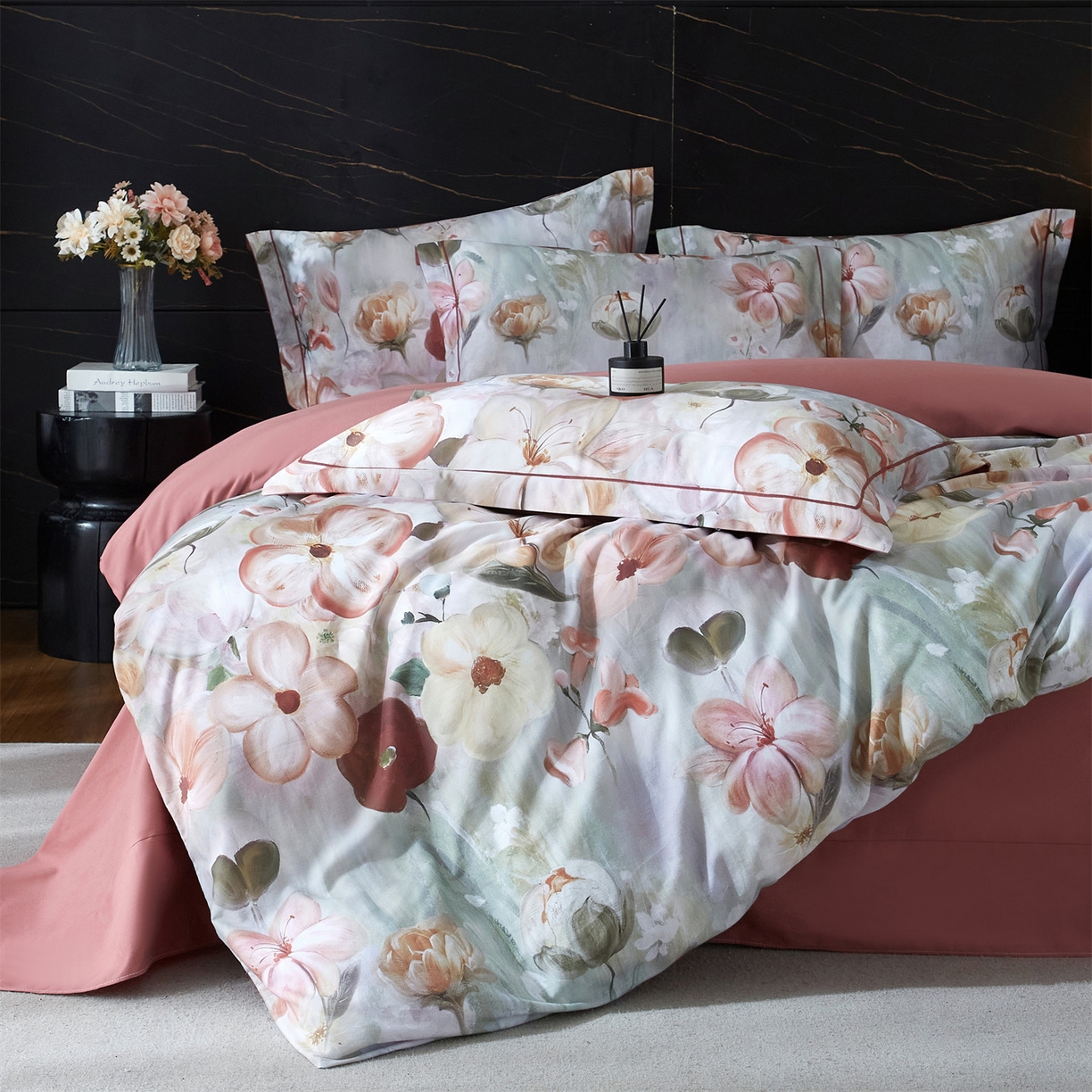 91家纺网 家纺一手货源 找家纺 （总1）曼秀琳2025秋冬新款全棉超柔数码印花磨毛四件套（32*21支） 鸢香-红