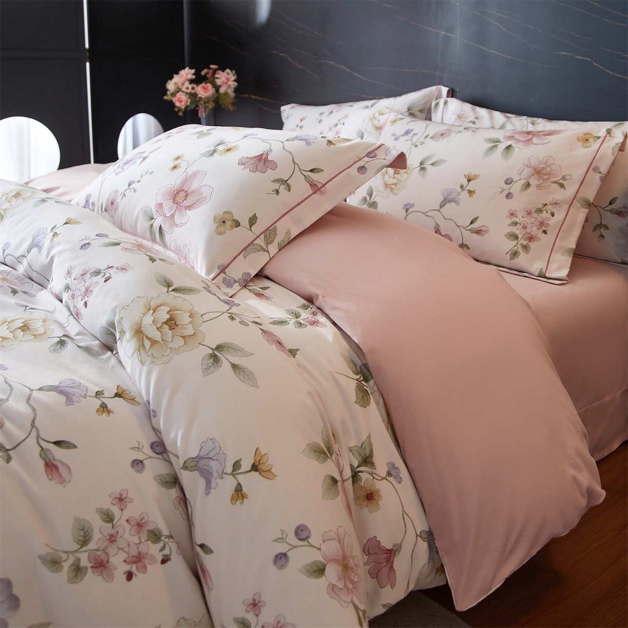 91家纺网 家纺一手货源 找家纺 （总1）曼秀琳2025秋冬新款全棉超柔数码印花磨毛四件套（32*21支） 芷柔-粉