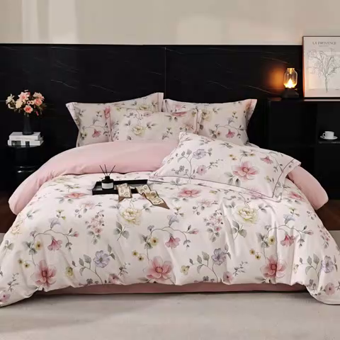 91家纺网 家纺一手货源 找家纺 （总1）曼秀琳2025秋冬新款全棉超柔数码印花磨毛四件套（32*21支） 芷柔-粉