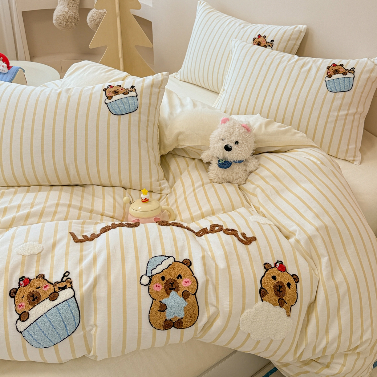 91家纺网 家纺一手货源 找家纺 （总）呗旺鹿 2025新款全棉纯棉条纹毛巾绣卡通系列四件套