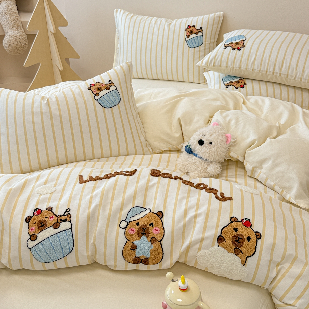 91家纺网 家纺一手货源 找家纺 （总）呗旺鹿 2025新款全棉纯棉条纹毛巾绣卡通系列四件套