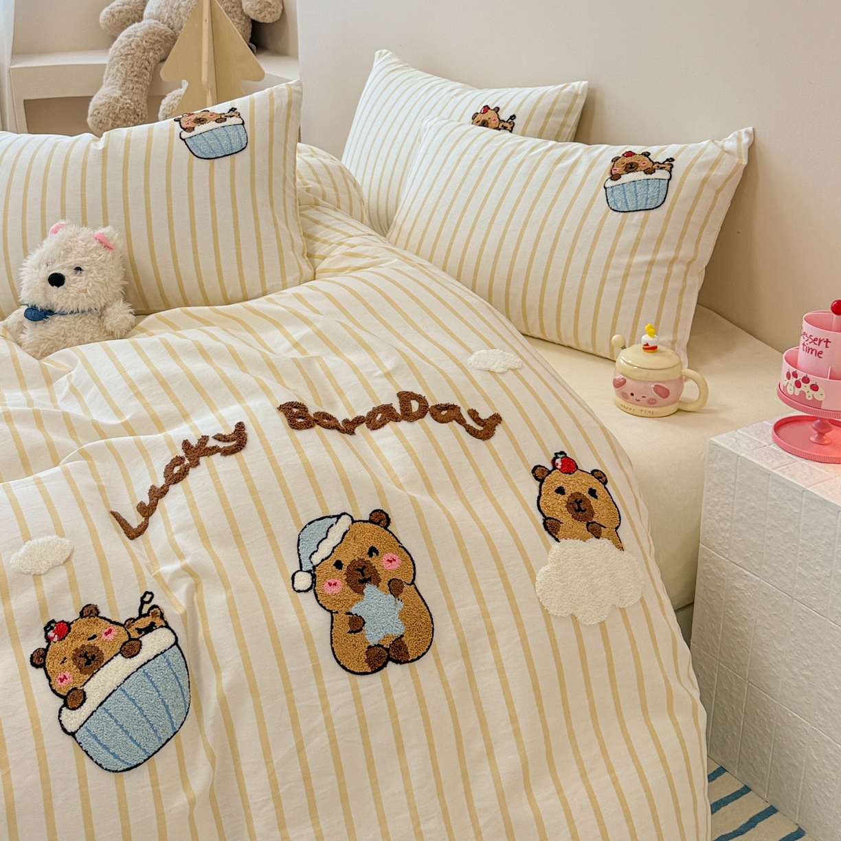 91家纺网 家纺一手货源 找家纺 （总）呗旺鹿 2025新款全棉纯棉条纹毛巾绣卡通系列四件套