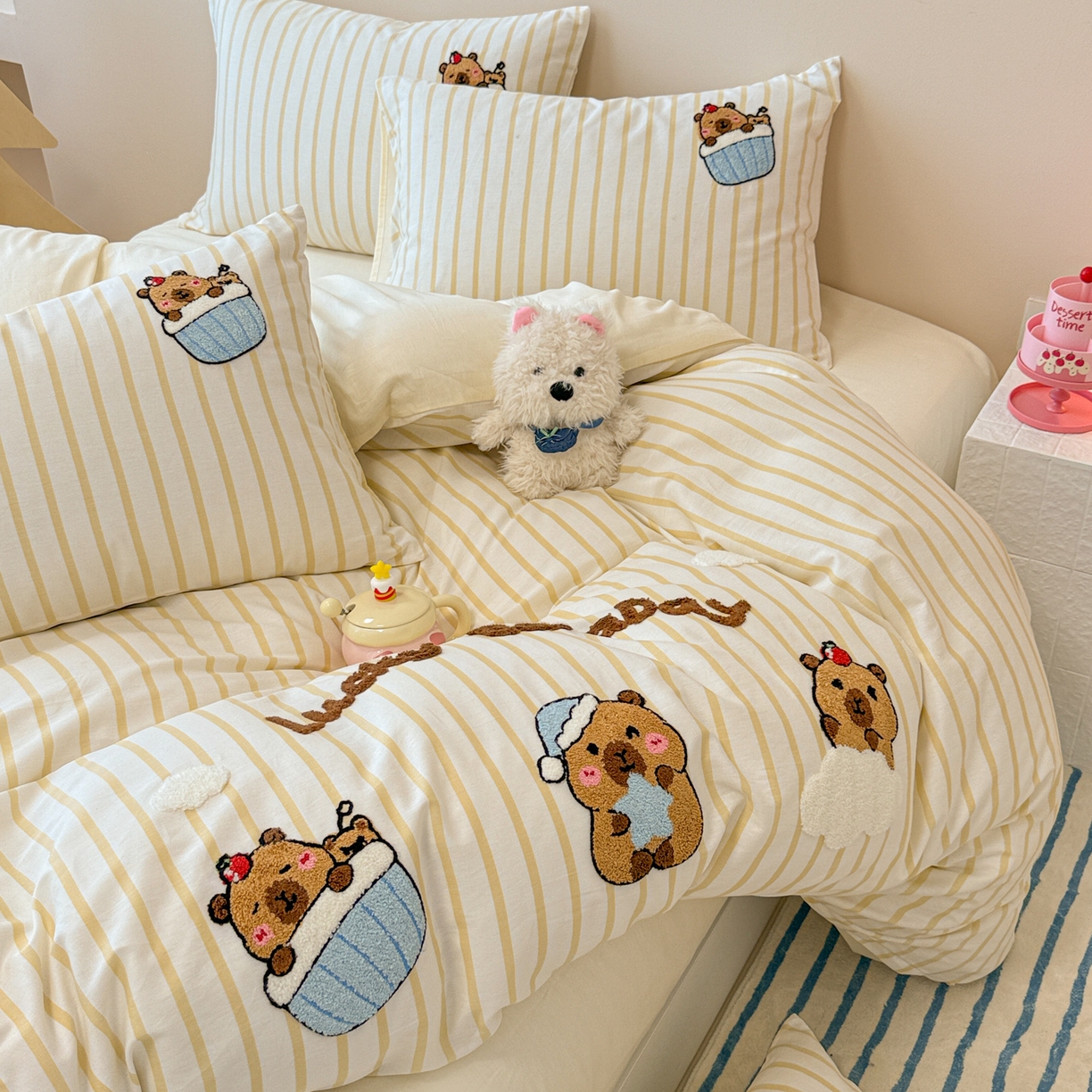 91家纺网 家纺一手货源 找家纺 （总）呗旺鹿 2025新款全棉纯棉条纹毛巾绣卡通系列四件套