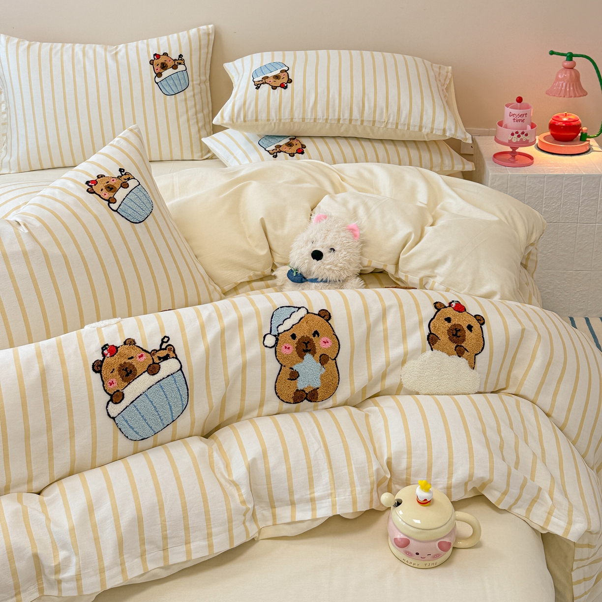 91家纺网 家纺一手货源 找家纺 （总）呗旺鹿 2025新款全棉纯棉条纹毛巾绣卡通系列四件套