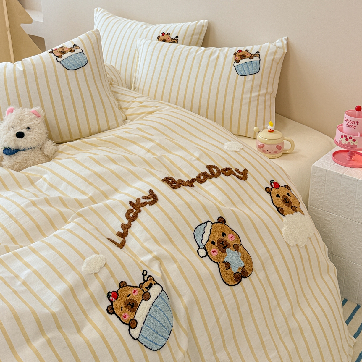 91家纺网 家纺一手货源 找家纺 （总）呗旺鹿 2025新款全棉纯棉条纹毛巾绣卡通系列四件套