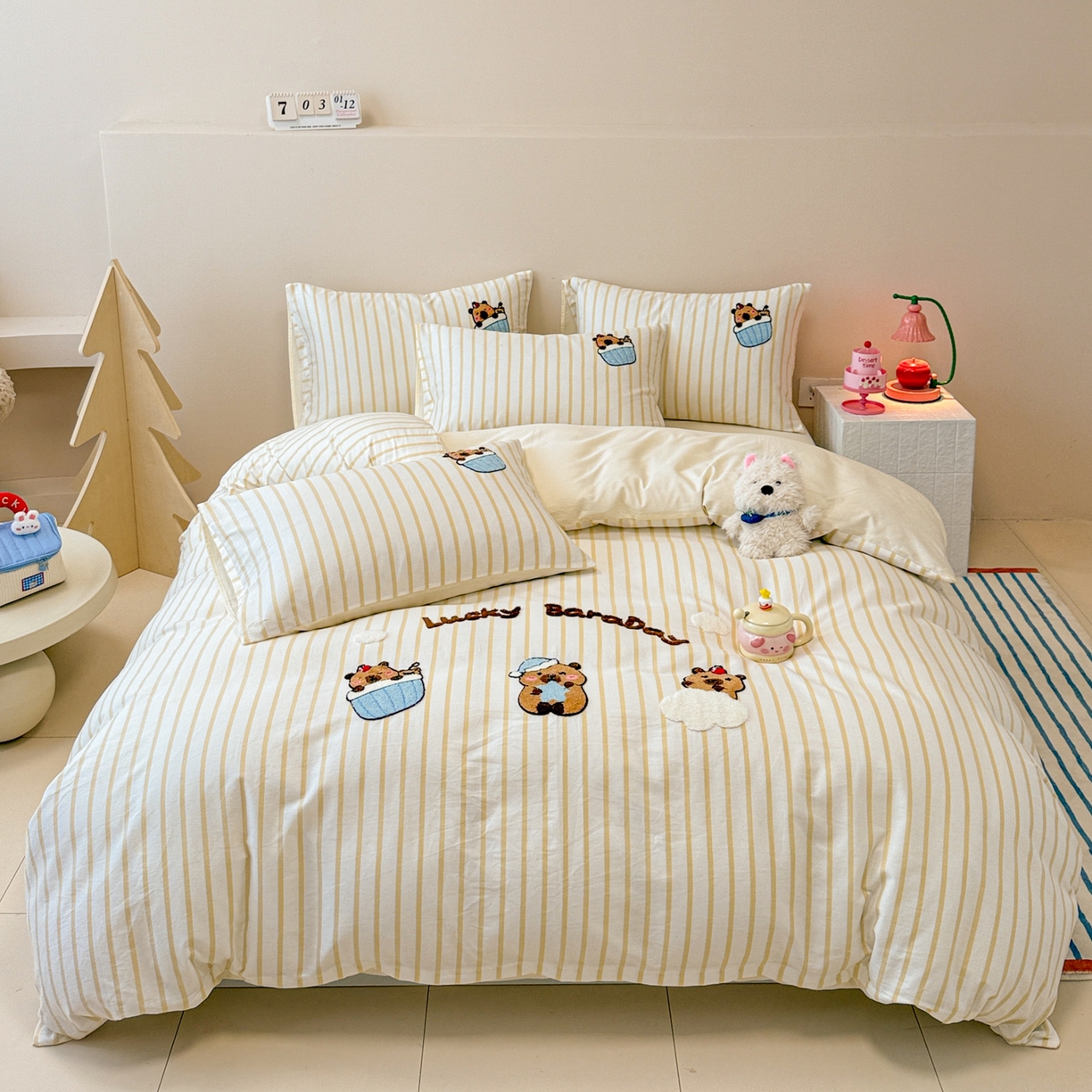 91家纺网 家纺一手货源 找家纺 （总）呗旺鹿 2025新款全棉纯棉条纹毛巾绣卡通系列四件套