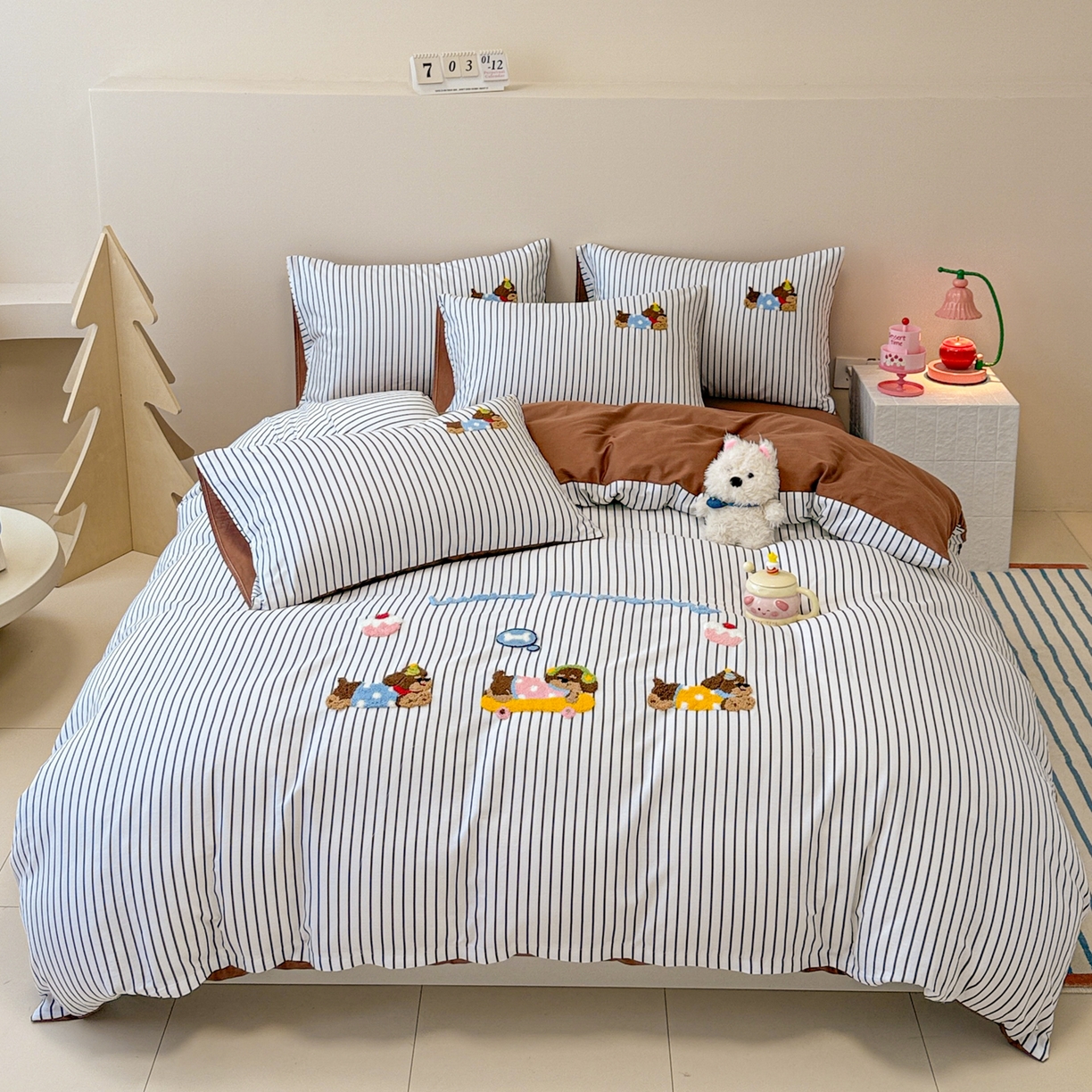 呗旺鹿 2025新款全棉纯棉条纹毛巾绣卡通系列四件套 黑条纹-狗狗派对