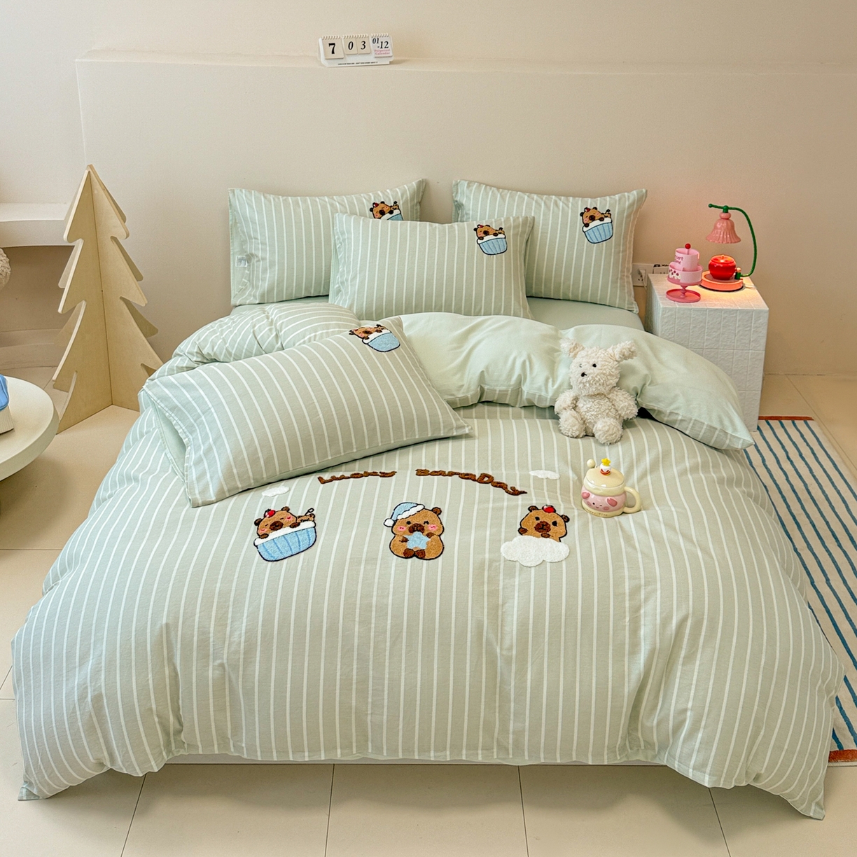 呗旺鹿 2025新款全棉纯棉条纹毛巾绣卡通系列四件套 灰条纹-爱睡觉的卡皮