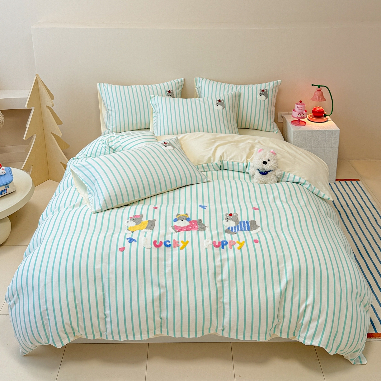 呗旺鹿 2025新款全棉纯棉条纹毛巾绣卡通系列四件套 蓝条纹-奔跑的雪纳瑞