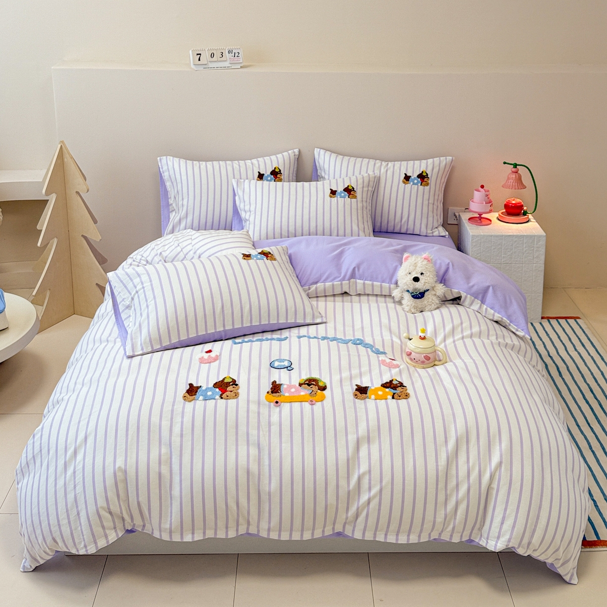 呗旺鹿 2025新款全棉纯棉条纹毛巾绣卡通系列四件套 紫条纹-狗狗派对