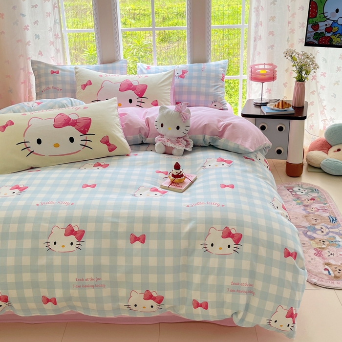 91家纺网 家纺一手货源 找家纺 桃子家居 2025新款三丽鸥正版授权卡通数码印花混搭纯棉印花系列四件套单品 棉三丽鸥-混搭乖巧kitty