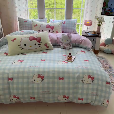91家纺网 家纺一手货源 找家纺 桃子家居 2025新款三丽鸥正版授权卡通数码印花混搭纯棉印花系列四件套单品 棉三丽鸥-混搭乖巧kitty