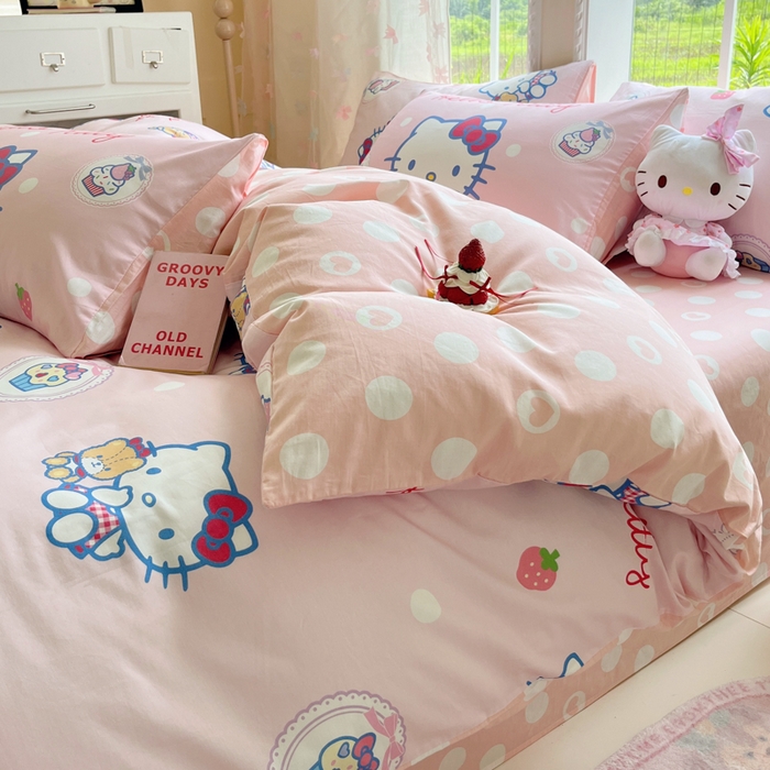 91家纺网 家纺一手货源 找家纺 桃子家居 2025新款三丽鸥正版授权卡通数码印花混搭纯棉印花系列四件套单品 棉三丽鸥-混搭kitty小熊粉