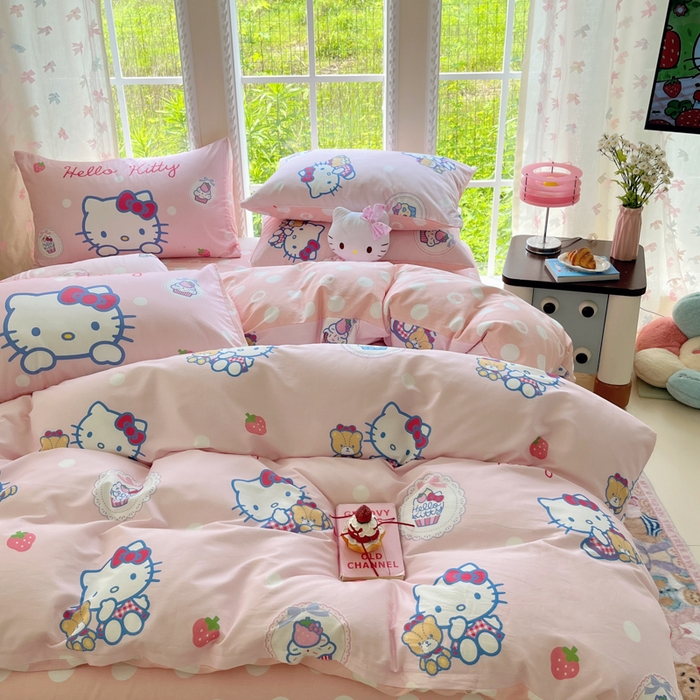 91家纺网 家纺一手货源 找家纺 桃子家居 2025新款三丽鸥正版授权卡通数码印花混搭纯棉印花系列四件套单品 棉三丽鸥-混搭kitty小熊粉