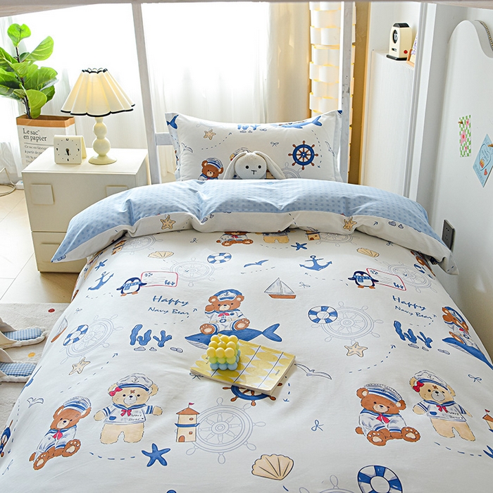 91家纺网 家纺一手货源 找家纺 禧安居 2025新款高支高密活性印染全棉印花三件套学生三件套宿舍三件套（支持定制尺寸） 航海小熊