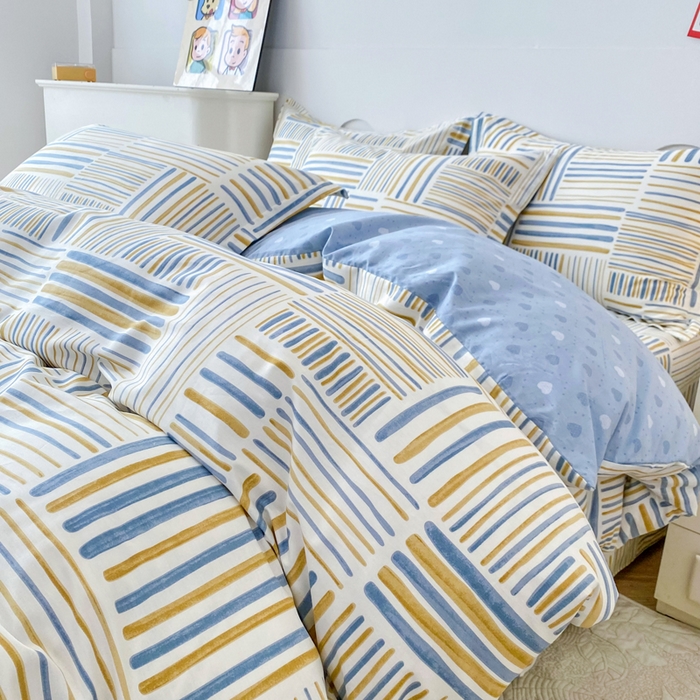 91家纺网 家纺一手货源 找家纺 小叮当家纺仓储工厂店 （爆款花型 长期款 不断货）2025年新款简约条纹卡通花卉全棉纯棉三件套四件套 条纹时代