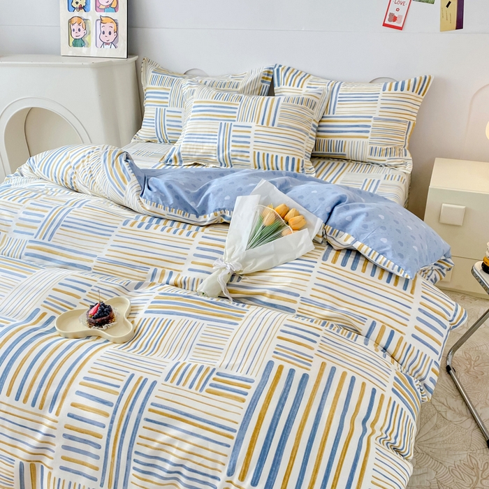 91家纺网 家纺一手货源 找家纺 小叮当家纺仓储工厂店 （爆款花型 长期款 不断货）2025年新款简约条纹卡通花卉全棉纯棉三件套四件套 条纹时代