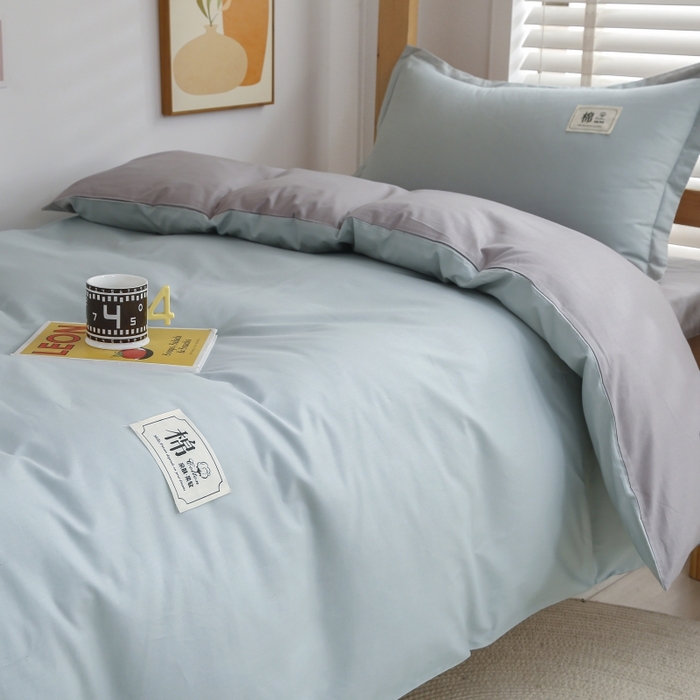 91家纺网 家纺一手货源 找家纺 乐旗家纺 2025新款全棉13372印花学生上下铺套件宿舍三件套 素雅绿+灰