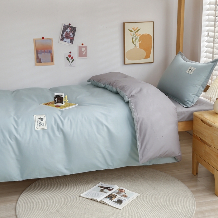 91家纺网 家纺一手货源 找家纺 乐旗家纺 2025新款全棉13372印花学生上下铺套件宿舍三件套 素雅绿+灰